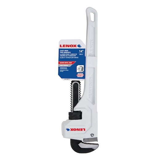 Photo of LENOX 14 inch white cast iron pipe wrench with quick bite jaw, SKU LXHT90714, front angle on white background.