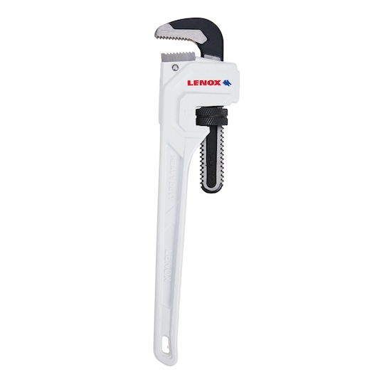 LENOX LXHT90718 heavy-duty white pipe wrench with adjustable black jaw, shown on white background, side view.