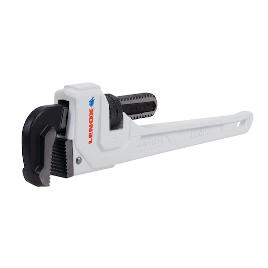 Photo of LENOX pipe wrench LXHT90718, heavy-duty steel, white handle, black jaws, angled on white background.