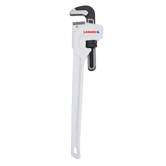 Photo of LENOX LXHT90724 heavy-duty pipe wrench, white and black finish, shown from the front on white background.