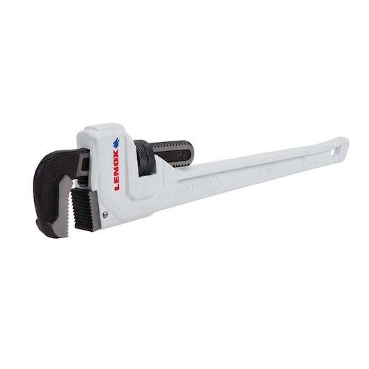 LENOX LXHT90724 steel pipe wrench, heavy duty, white body, angled view on white background.