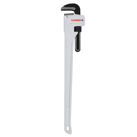 Photo of LENOX pipe wrench LXHT90736, silver with black jaws, shown upright on white background.