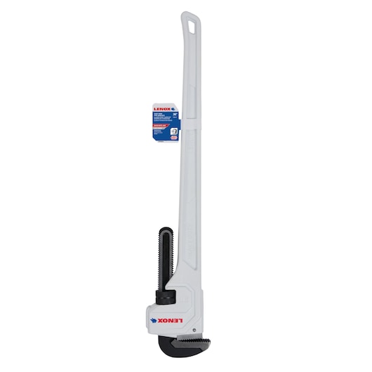 Photo of LENOX LXHT90736 heavy duty pipe wrench, silver with black jaw, front angle on white background.